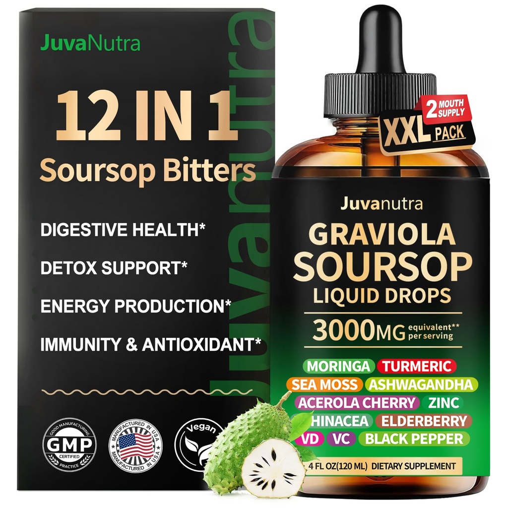 (4 Fl Oz) Soursop Bitters flytende dropper 12 i 1 med sjø Moss, Moringa, Turmeric, Echinacea & Ashwagandha ekstrakt - Herbal Tonic for Digestive Wellness & Immune Support