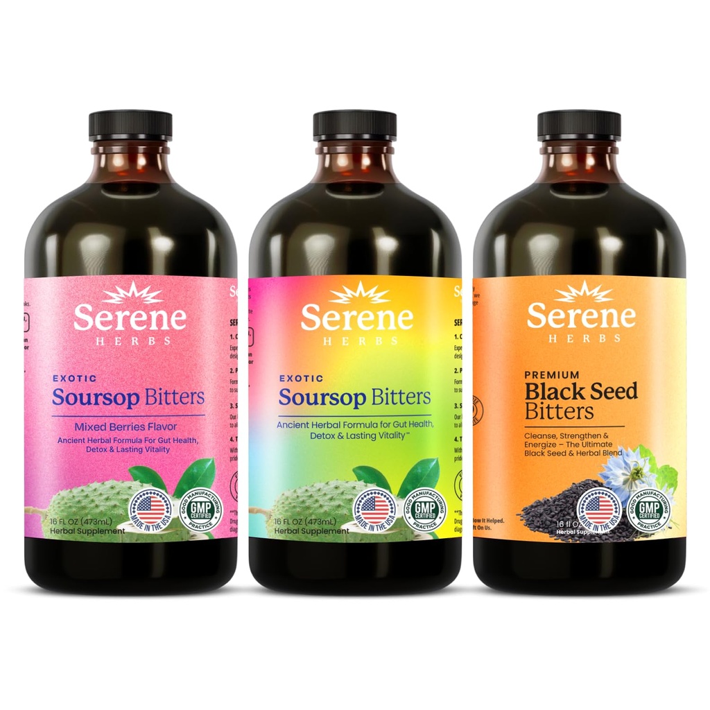 Serene urter Soursop Bitters Liquid, Blandet Berries & Black Seed Triple Bundle - Organic Herbal Guanabana for digestiv støtte og immunhelse - Vegansk, ikke-GMO - 48 oz (16 oz hver), 3 Pack