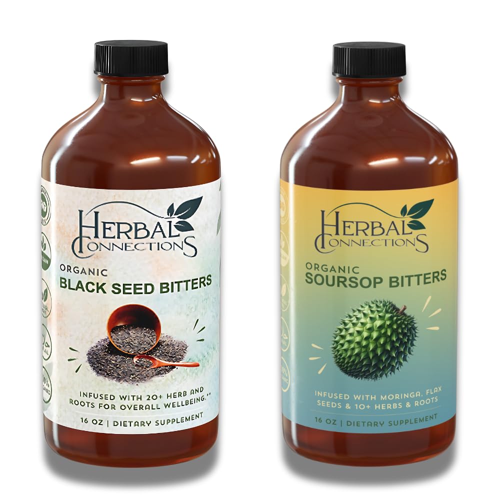 Herbal forbindelser organisk soursop og svart frø biters Bundle - naturlige plantebaserte ingredienser for Gentle Detox & Digestive Helse To flasker, 32 egg (16 ovner hver), 64 Services