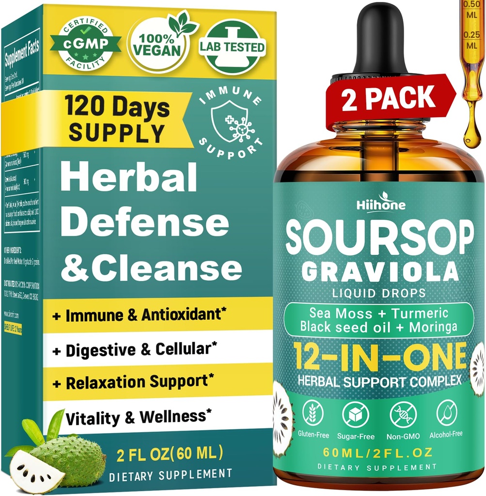 HIIHONE (2 pakke) 12-i-1 Soursop Bitters flytende dråper med sjø Moss, svart frøolje, Moringa for cellestøtte og regenerering, immunitet, lever, Gut & Antioksidant - 2 Fl Oz