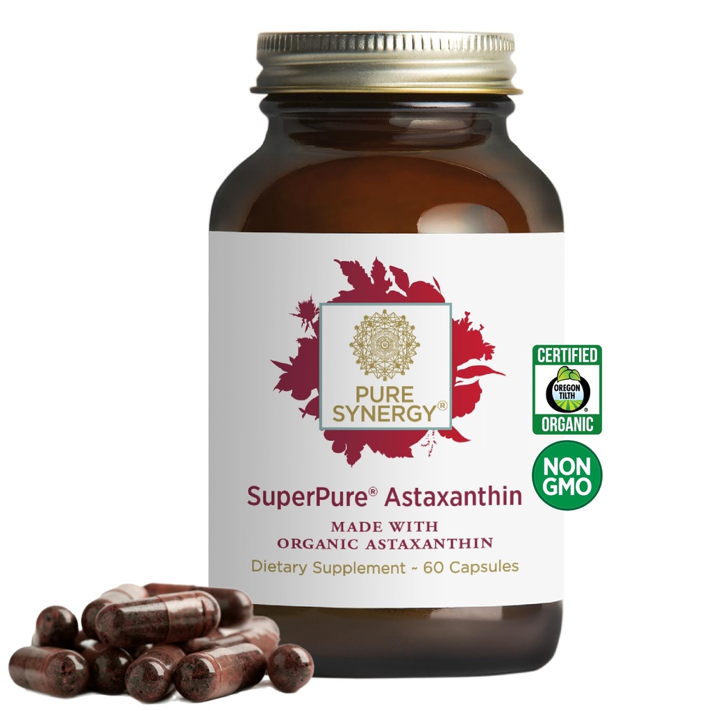 PURE SYNERGY SuperPure Astaxanthin Ekstrakt | Organisk Astaxanthin fra Algae med solflower Lecithin | Antioksidant støtte for hud og øye helse (60 kapsler)