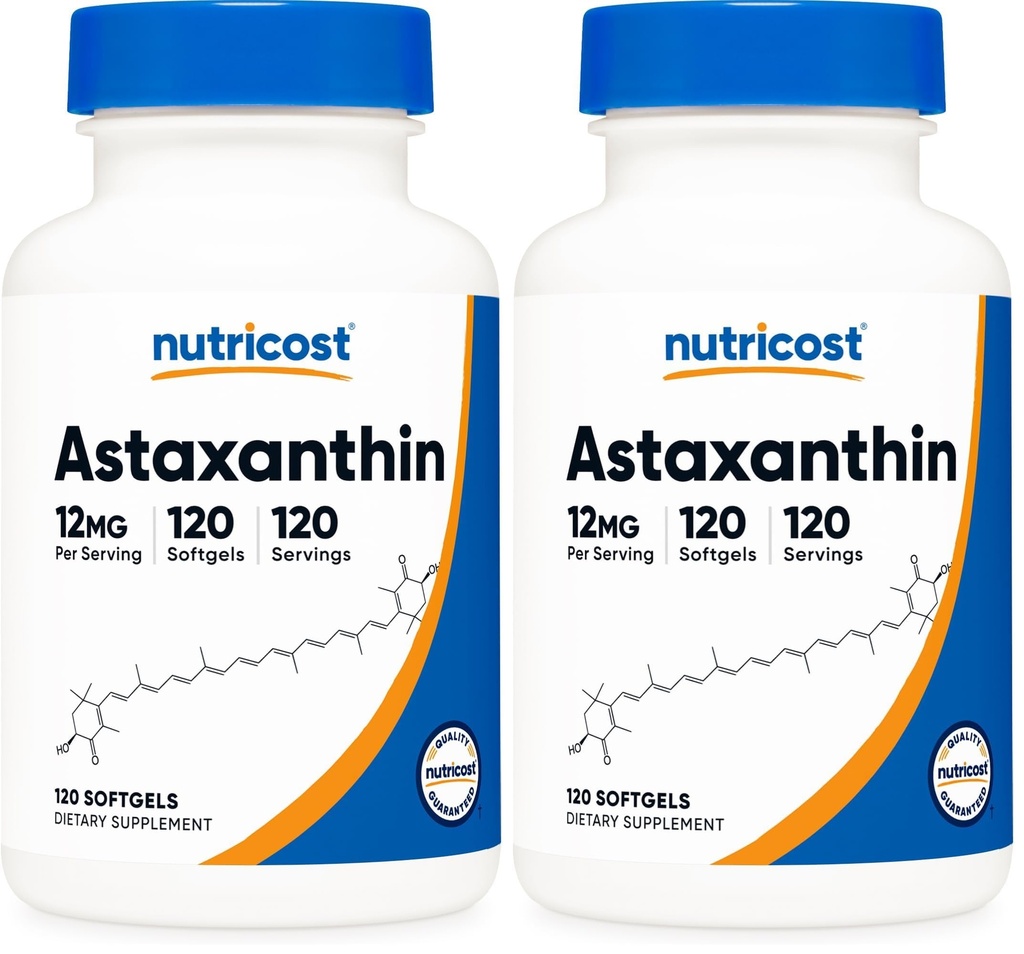 Nutricost Astaxanthin 12mg, Ikke-GMO og Glutenfri, 120 Softgels (4 måneders forsyning) (pakke på 2)