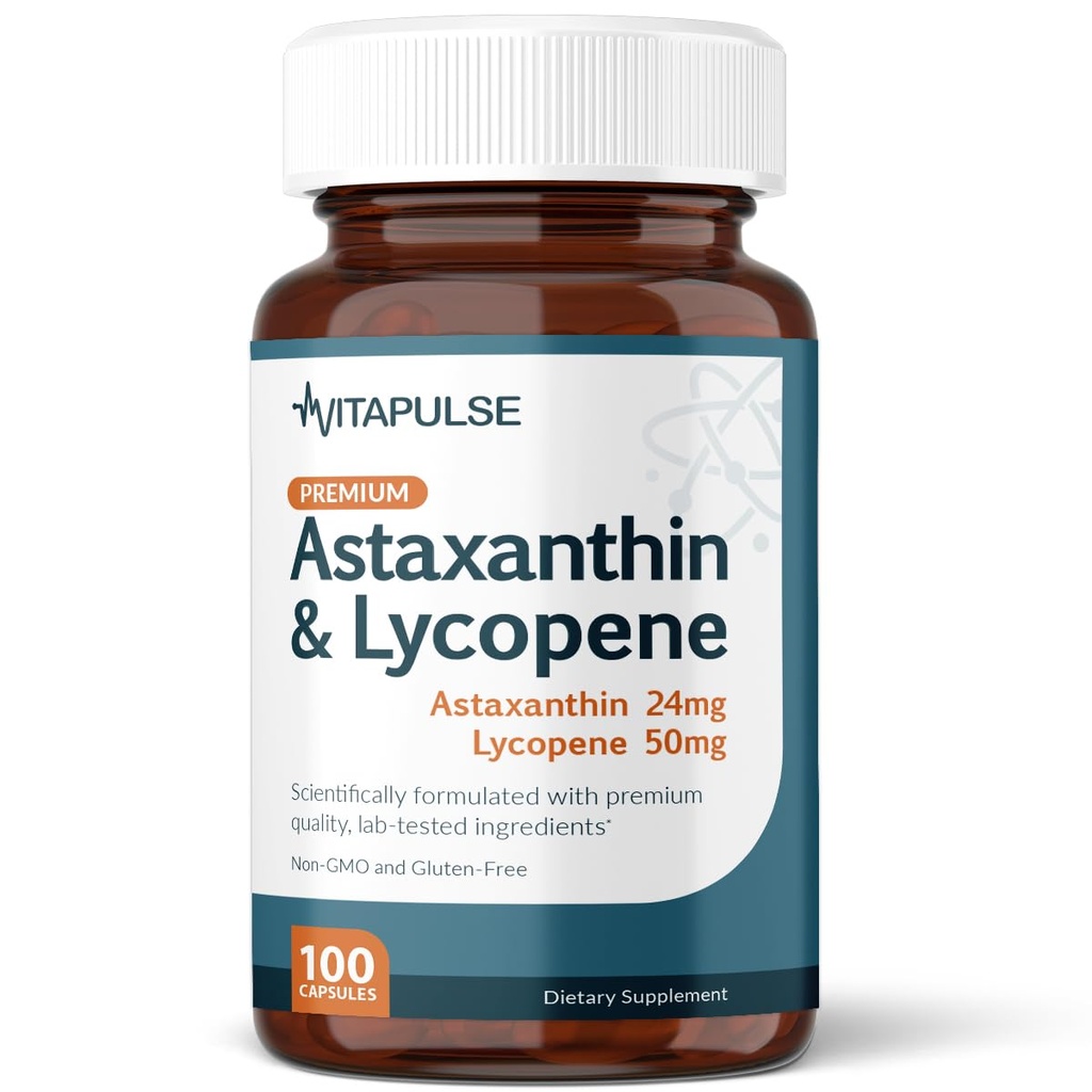 Astaxanthin 24mg med Lycopen 50mg Supplement, 100 vegetariske kapsler, ikke-GMO, Glutenfri