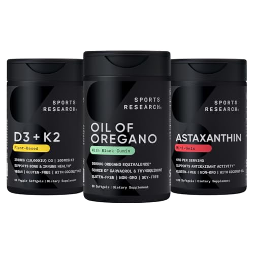 Sports Research® Antioksidant støttepakke - Oregano 9500mg + vitamin D3 K2 5000iu + trippelstyrke Astaxanthin