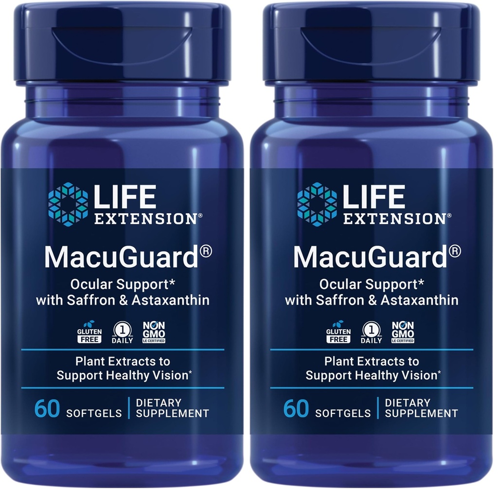 Livsforlengelse MacuGuard Okulær støtte med Saffron & Astaxanthin – Øyehelse Supplement for sunn visjon – med Lutein, zeaxanthin, Meso-zeaxanthin – Glutenfri, ikke-GMO – 60 mykegels