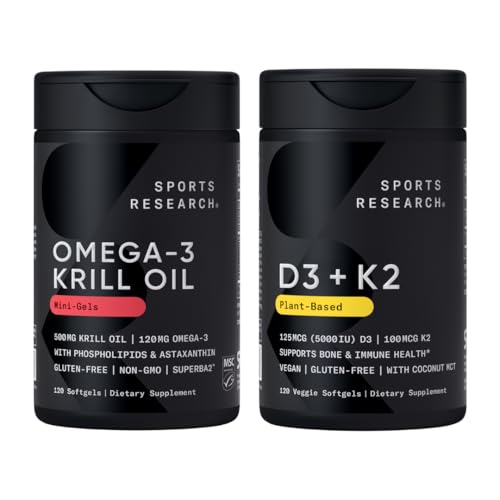 Sports Research® Multivitamin Pack - Omega-3 Krill olje 500mg w/Cholin, Fosfolipider & Astaxanthin og vitamin K2 & Vegan D3 5000iu med kokos MCT olje - ikke-GMO · Glutenfri