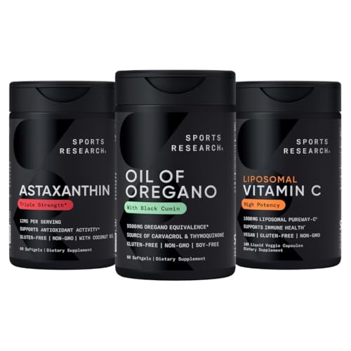 Sports Research® Antioksidant støttepakke - Oregano 9500mg + Triple Styrke Astaxanthin 12mg + Liposomal Vitamin C Supplement 1000 mg