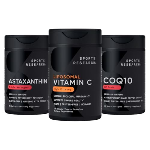 Idrettsforskning® Antioksidant støttepakke - høy potens Liposomal Vitamin C Supplement 1000mg + Coenzym Q10 100mg + trippel styrke Astaxanthin 12mg w/Organic kokosolje