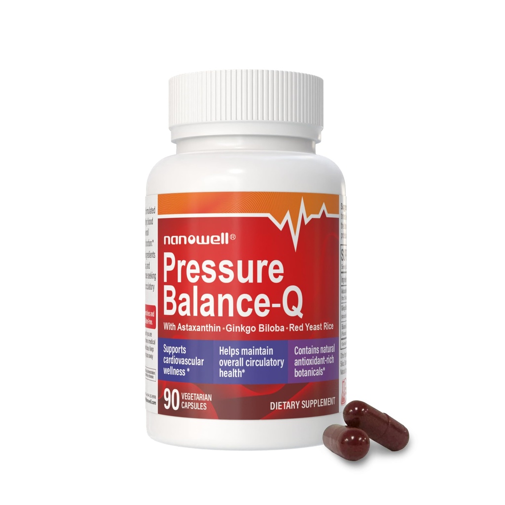 NANOWELL® Pressure Balance-Q | Antioksidant formel med naturlig ikke-GMO Astaxanthin 12 mg per kapsel, Ginkgo Biloba, Policosanol, rød yeast ris og Rosemary Extract | 90 vegetariske kapsler