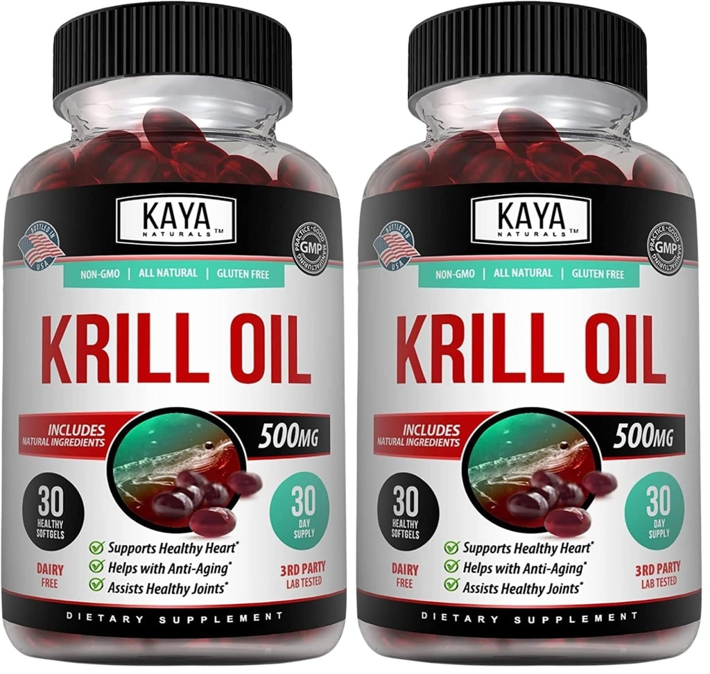 Kaya Naturals - Antarctic Krill Oil 500mg med Omega 3, EPA, DHA, Fosfolipider & Astaxanthin Supplement - Brain & Helse Vitamin - Anti Aging Supplement - 30 Count Softgels (Pack of 2)