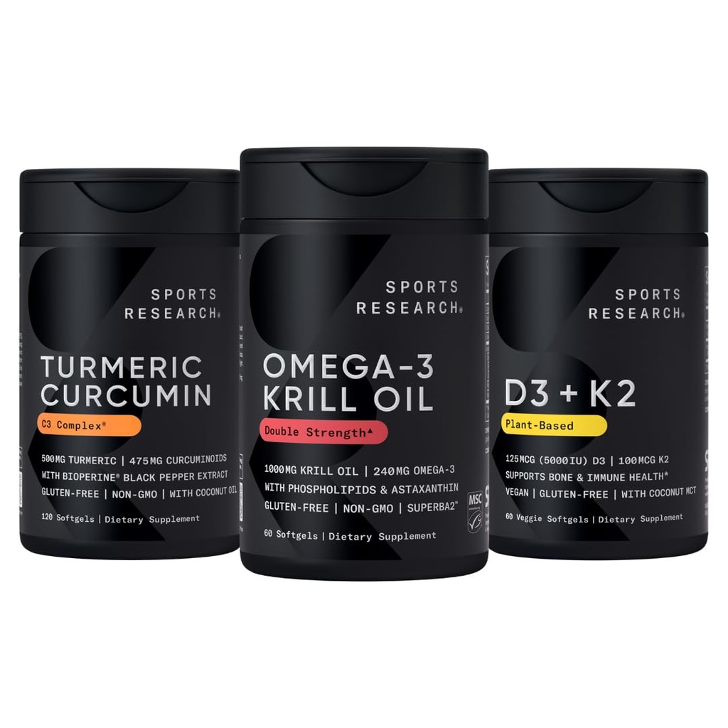 Idrettsforskning Antarctic Krill Oil Omega 3 1000mg (med fosfolipider, Choline & Astaxanthin), Turmeric Curcumin C3 Complex (med bioperin svart pepper og kokosolje) og plantebasert vitamin D3 + K2