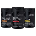 Idrettsforskning Antarctic Krill Oil Omega 3 1000mg (med fosfolipider, Choline & Astaxanthin), Turmeric Curcumin C3 Complex (med bioperin svart pepper og kokosolje) og plantebasert vitamin D3 + K2