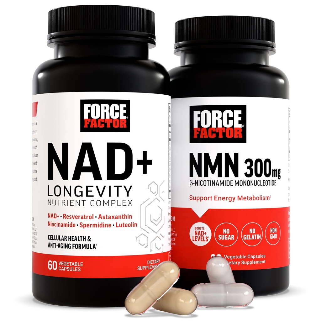 Force Factor NMN Supplement, NAD+ (NMN eller Nikotinamid Riboside Alternativ) med Resveratrol, Astaxanthin, Spermidin & Luteolin Complex, NAD for å støtte Cellular Helse og sunn aldring, 60 kapsler