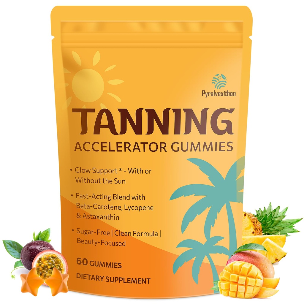 Tanning Gummier med Astaxanthin for kvinner og menn Sunless Tanning Supplement med Beta Caroten, Lycopen, Kollagen og vitaminer | Hudstråling & Hydration | Vegan & Sukker Gratis - 60 Tell
