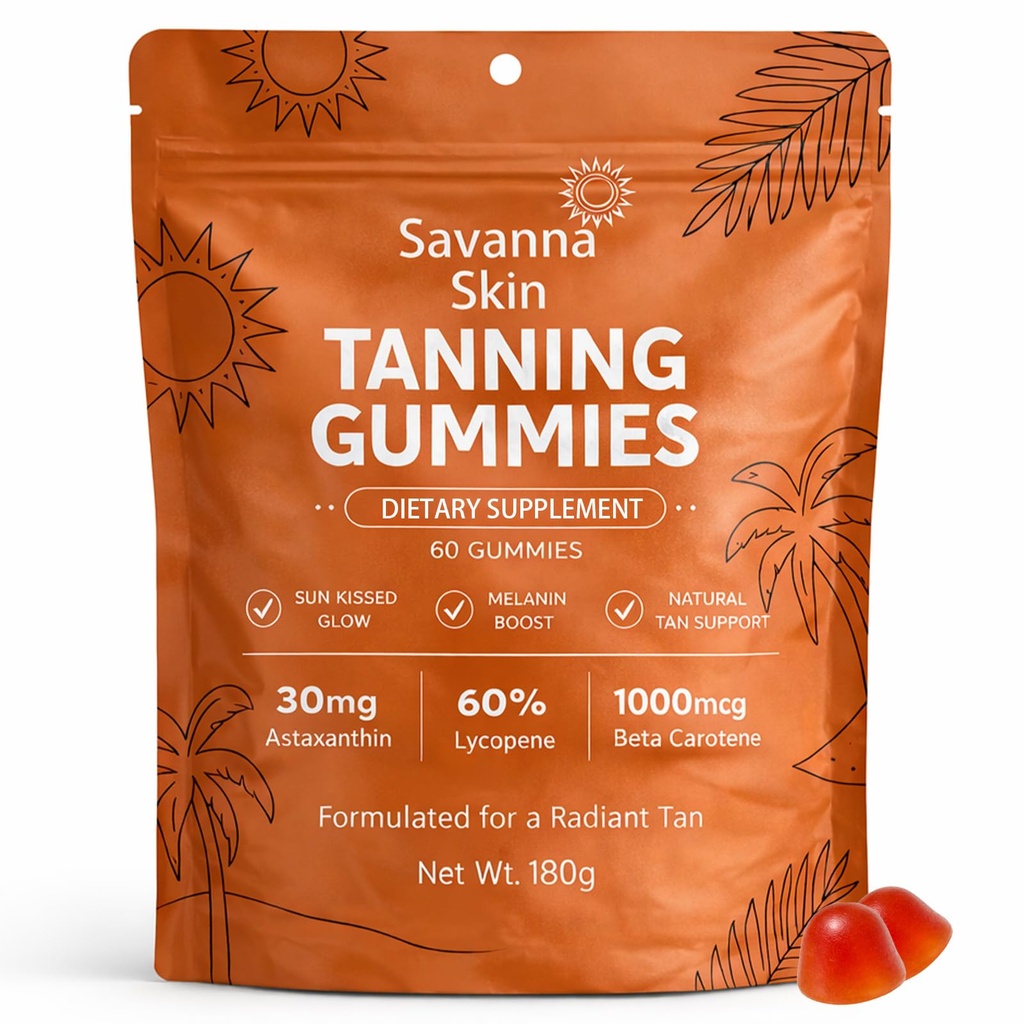 Savanne Skin Tanning Gummies, med vitamin C & E, Astaxanthin, Beta Caroten, Hudstråling & Hydrasjon for naturlig Looking Glow, Bronzing, Ikke-GMO, Vegan & Sukker Gratis - 60 greve (1)