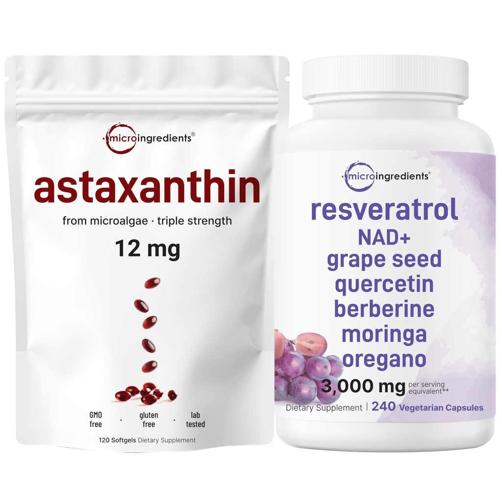 Mikro ingredienser Astaxanthin 12mg Softgels & Resveratrol NAD Supplements 3000mg Veggie Capsules | 2 Pack Bundle | Fresh Microalgae Kilde | 11-i-1 Antioksidant blanding med Quercetin & Berberine