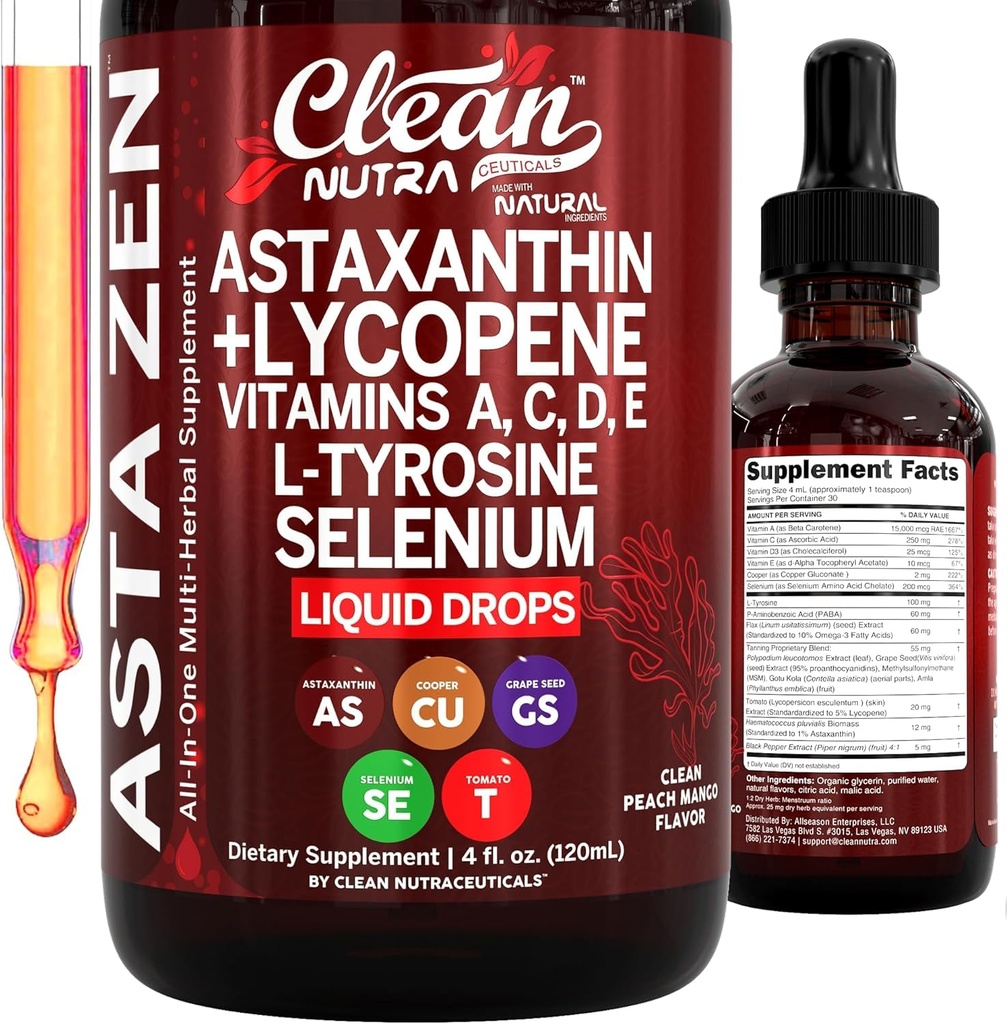 Ren Nutra Astaxanthin Lycopen flytende dråper Absorpsjon støtte Vitaminer A C D E 4 fl oz – Potent naturlig D3 C E A & Selenium L-tyrosin formel ren antioksidant blanding forbedret næringsstoff opptak