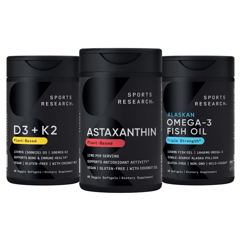 Sports Research® Antioksidant Støtte Pack w/Triple Styrke Vegan Astaxanthin Supplement fra Algae, Omega-3 Fish Oil 1250 mg, og vitamin D3 5000iu & Mk7 Vitamin K2 med kokos MCT Olje