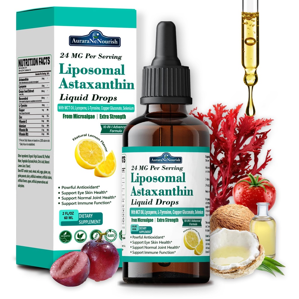 Liposomal Astaxanthin 24 mg flytende dråper, 11-i-1 Antioksidant med MCT olje, Lykopen & økologisk kokosnøttolje, frisk mikroalgae kilde, støtter øye hud felles helse for kvinner og menn, sitron flavors