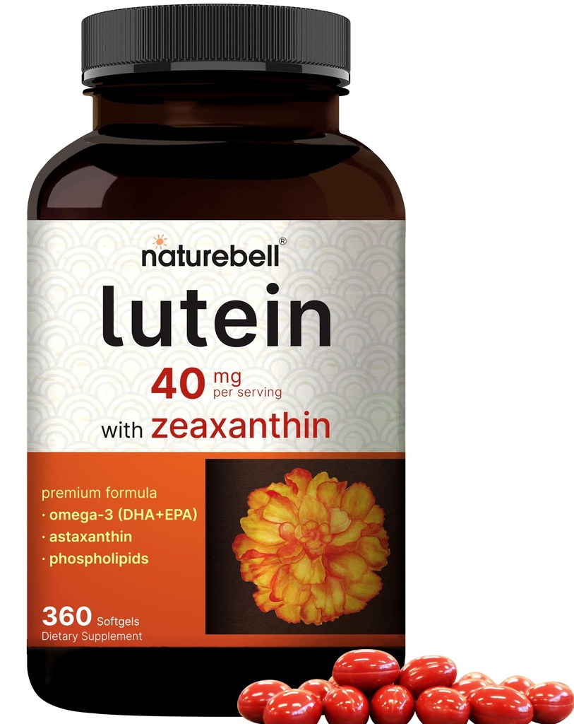 Lutein 40mg + Zeaxanthin 1.600mcg, 360 Softgels |4-i-1 Formula med Astaxanthin, Omega-3 & Fosfolipider | Marigold Blomsterekstrakt | Støtter øye, hjerne og visjon helse | Ikke-GMO, Glutenfri