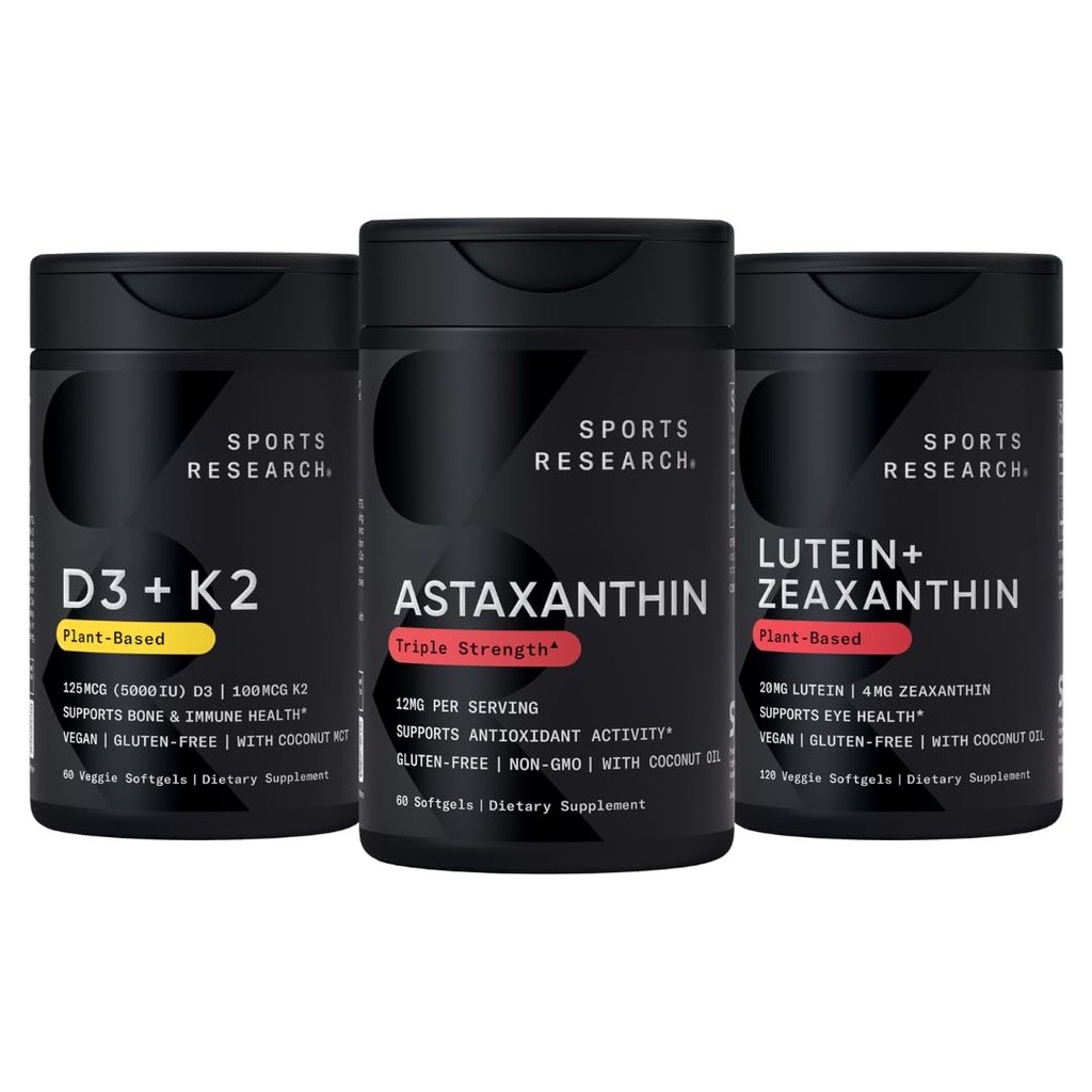 Idrettsforskning® Antioksidant støtte Pack w/Astaxanthin 12mg, vitamin D3 5000iu + K2 100mcg, og lutein 20mg + Zeaxanthin 4mg Kosttilskudd - Vegansk sertifisert · Ikke-GMO · Gluten og soya gratis