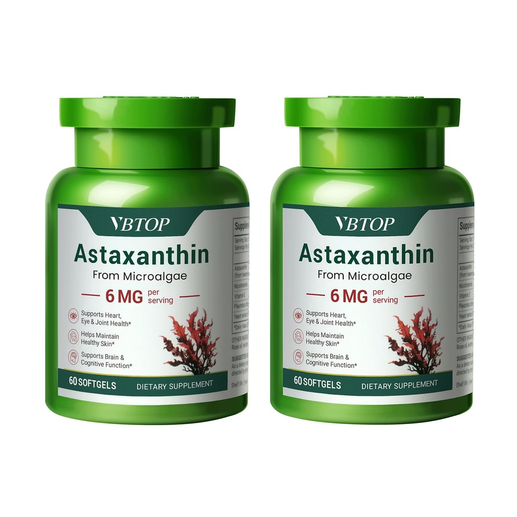 2 flasker Astaxanthin 6 mg, Premium Astaxanthin Supplement med antioksidant aktivitet, støtter øye, hud, ledd og immunsystem helse. Ny mikroalgakilde, ikke-GMO, glutenfri - 120 mykegels