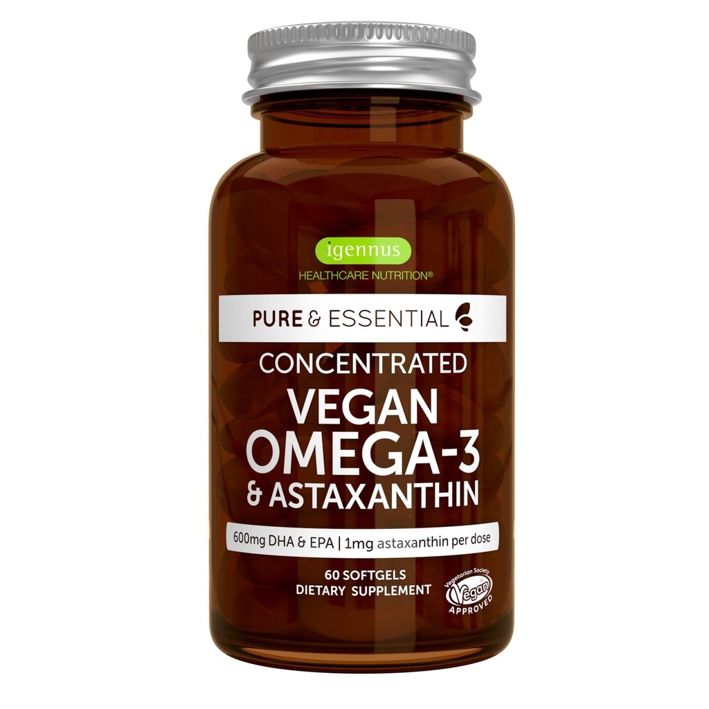 Igenus Vegan Omega-3 Naturlig Algae olje, DHA & EPA, sertifisert ren, plantebasert fettsyre Supplement, med Astaxanthin Antioksidant, 60 små softgels, 2 per dag, 30 serveringer
