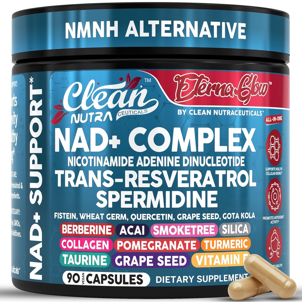 NAD Resveratrol Supplement Spermidin Fisetin Quercetin Grape frø Gotu Kola Berberine Astaxanthin Taurin Pomegranate Acai anti Aging Longevity kapsler for kvinner EternaGlow ved ren Nutra 90ct
