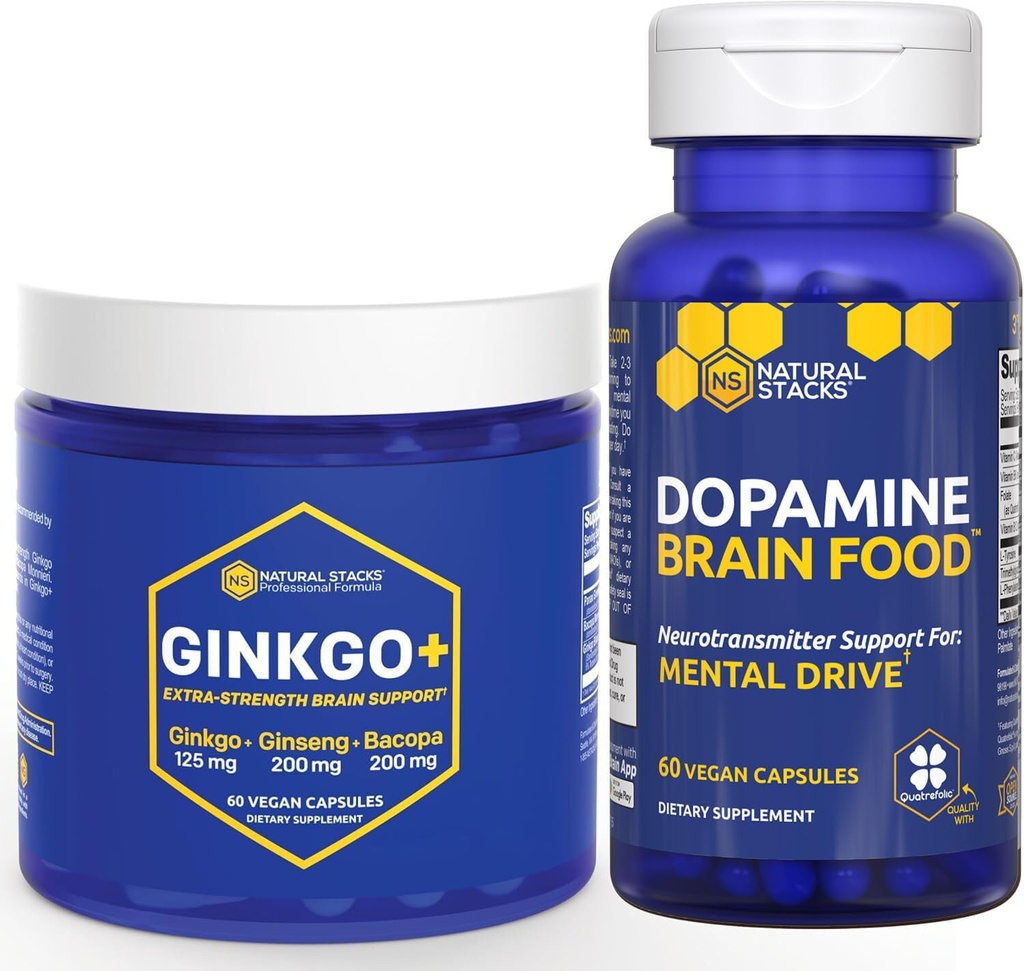 NATURAL STACKS Ginkgo Biloba + Dopamine Brain Food Bundle - Støtter Fokus & Mental Drive* - 120 Totale kapsler