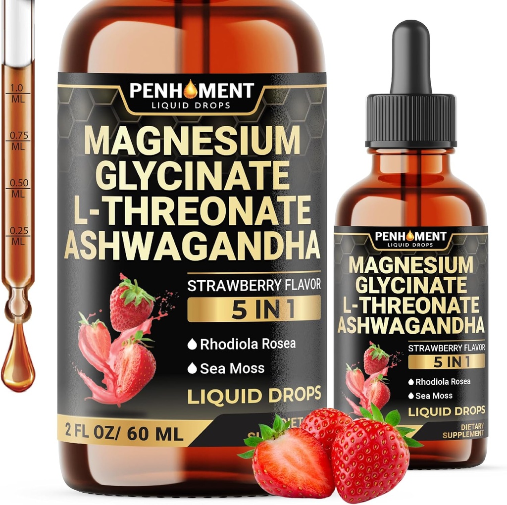 5in1 Magnesium Glycinat flytende dråper med Ashwagadha ekstrakt, Magnesium L-Treonate, Rhodiola Rosea, Sea Moss - Hjerne støtte og immun - 2 Fl Oz - Supply 30-dagers - Jordbær Flavor