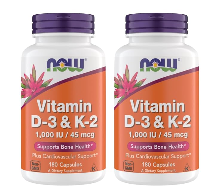 Nå Supplements Vitamin D3 K2, 1000 IU/45 mikrog, Cardiovaskulær støtte, støtter bein helse, 180 vegetariske kapsler - Vegan, Glutenfri, Kosher vitamin D3 og K2 Supplements (2)