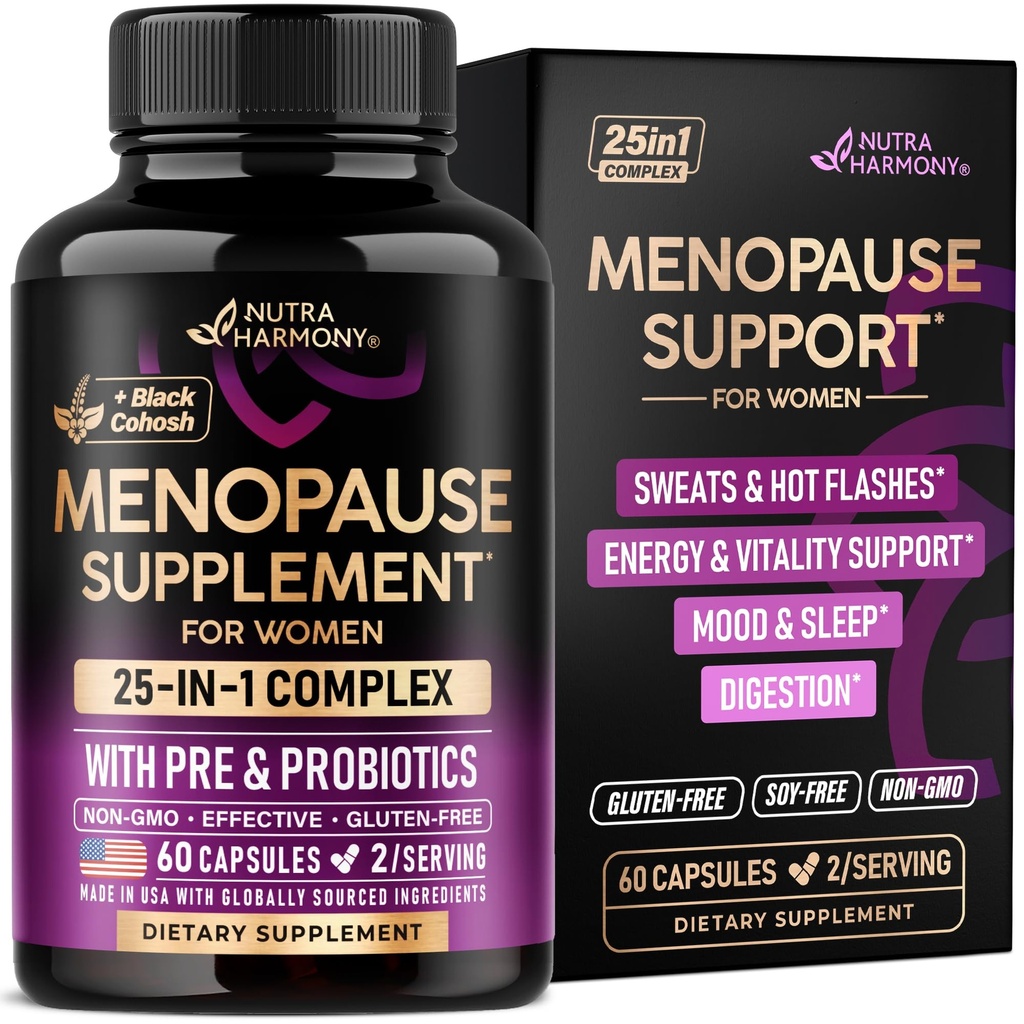 Menopause Supplements for kvinner - Dong Quai, Black Cohosh, Pre & Probiotika - Sweats & Hot Flashes Relief - Digestion, søvn og Mood Support - 25-i-1 Perimenopause Complex - laget i USA - 60 Kapsler