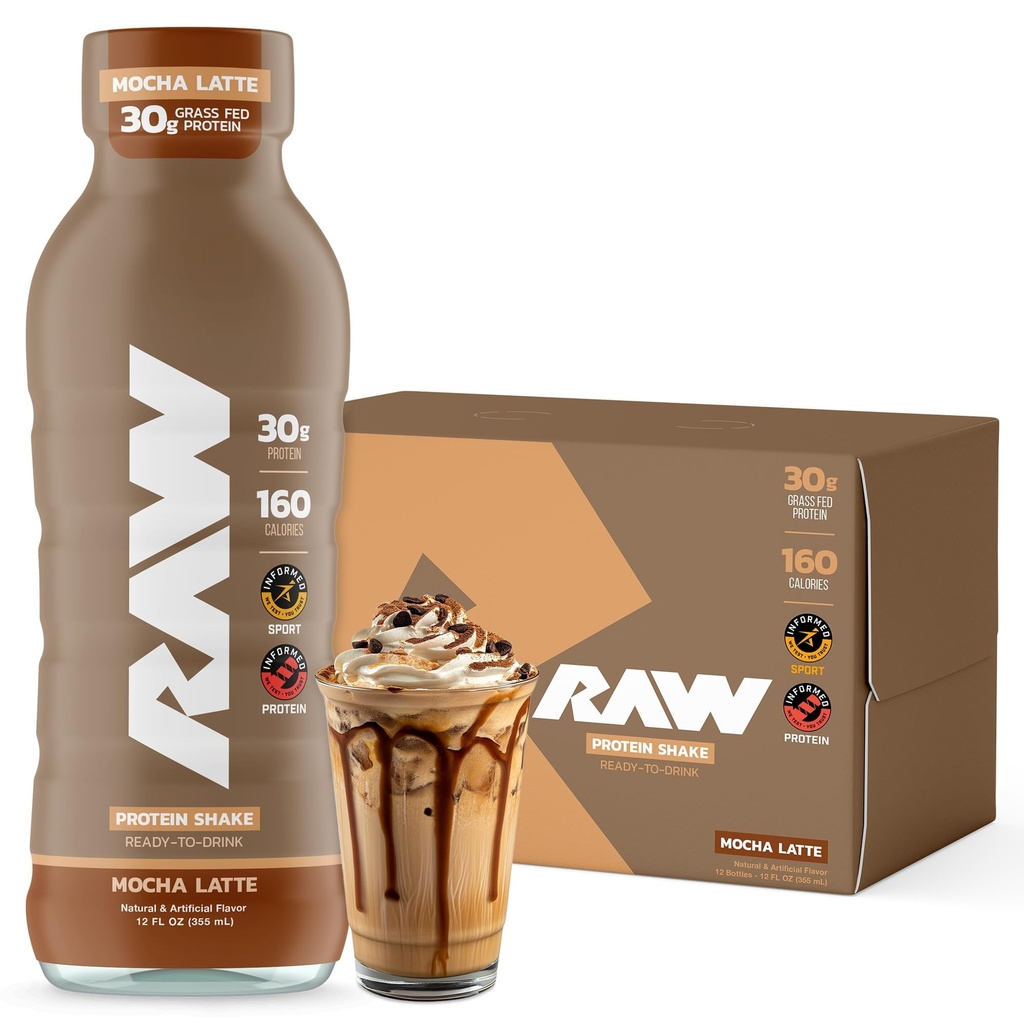 RAW Ready-to-Drink Protein Shake, Mocha Latte - Protein Drinks med Grass-Fed Whey Protein Isolate for post-Workout - Zero-Sugar & Glutenfri Måltid Erstatning Drikk & Frokost Shake, 12 Fl Oz