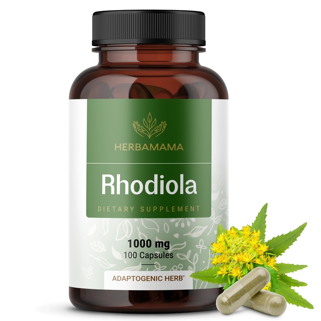 HERBAMAMA Rhodiola Rosea Capsules - Naturlige Menopause Supplement* for kvinner - 1000 mg Rhodiola Rosea Root Powder per servering for kvinners avslappende støtte - Vegan, ikke-GMO - 50-dagers forsyning
