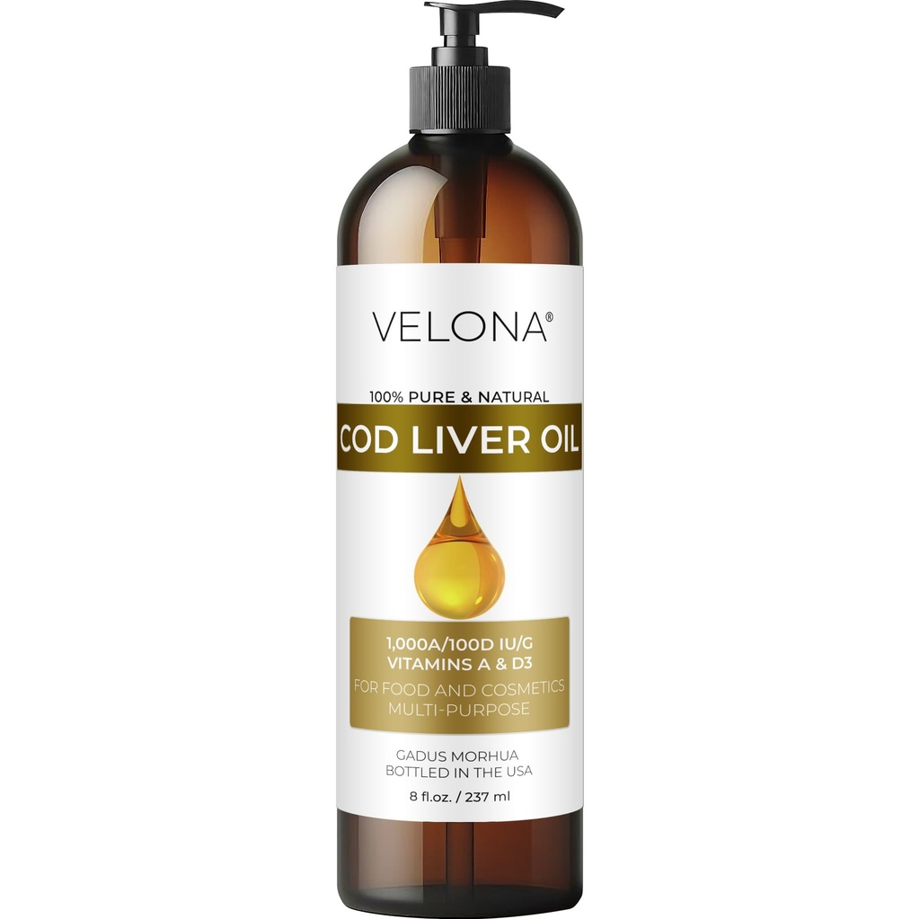 Velona Cod Liver Oil - 8 Fl Oz | 1.000A/100D IU/g Omega 3 Vitaminer A & D3 | Norsk Arctic Sustainablely Sourced Nordic Oil | Hair, Kropp og Hud Care | Bruk i dag - Nyt resultat