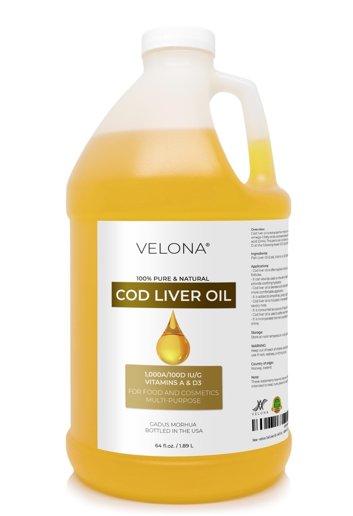 Velona Cod Liver Oil - 64 Fl Oz | 1.000A/100D IU/g Omega 3 Vitaminer A & D3 | Norsk Arctic Sustainablely Sourced Nordic Oil | Hår, kropp og hudpleie | Bruk i dag - Nyt resultat