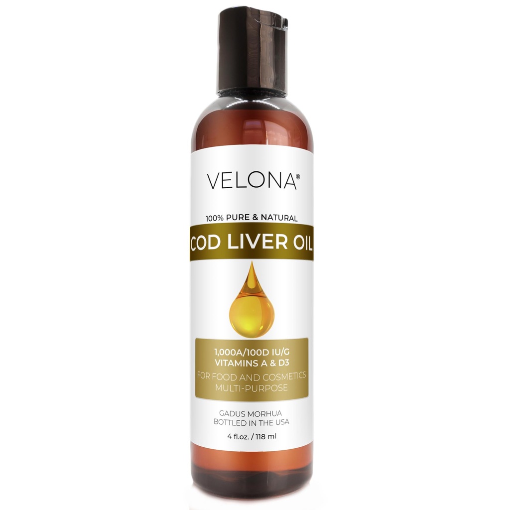 Velona Cod Liver Oil - 4 Fl Oz | 1,000A/100D IU/g Omega 3 Vitaminer A & D3 | Norsk Arctic Sustainablely Source Nordic Oil | Hår, Kropp og Hudpleie | Bruk i dag - Nyt resultat