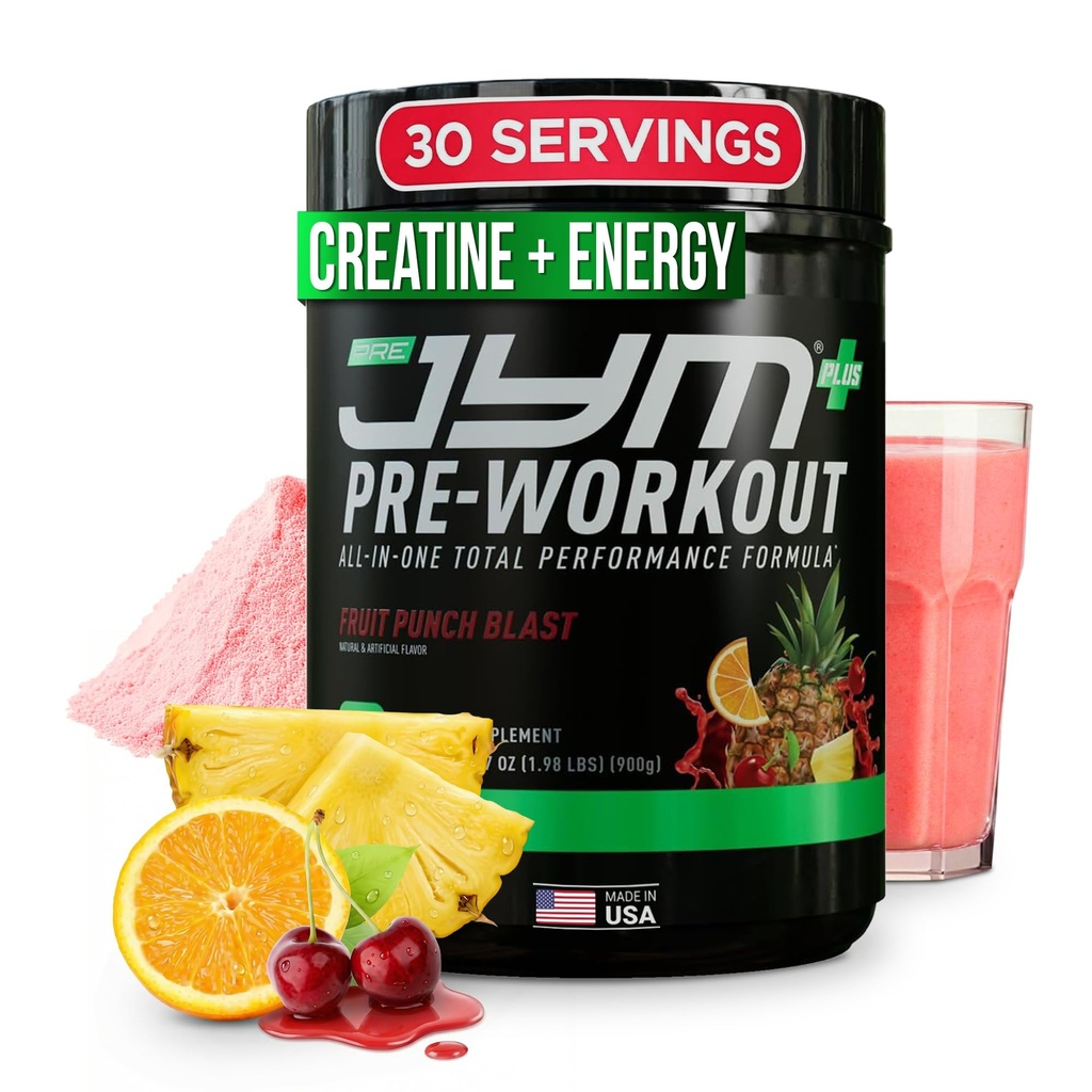 JYM Supplement Science Pre JYM Plus Fruit Punch Pre-Workout pulver, Amino Nitrates, Kreatin, Betain, Nootropics, BCAA, for menn og kvinner, 30 serveringer