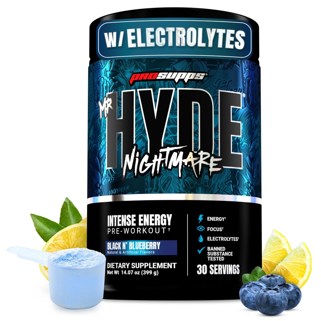 ProSupps Mr. Hyde Nightmare Pre Trening pulver med koffein & Beta Alanine - Forarbeid for Intense Energi, Mental Focus & Performance - Gym & Fitness kosttilskudd (Black N' Blueberry, 30 Services)