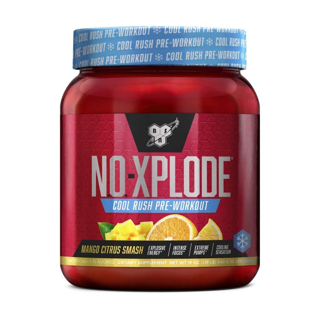 BSN N.O.-XPLODE Cool Rush Pre Workout pulver, Preworkout energi Supplement for menn og kvinner med kreatin og Beta-Alanin, Mango Citrus Smash, 30 Services, 1,2 pund (Packing May Vary)
