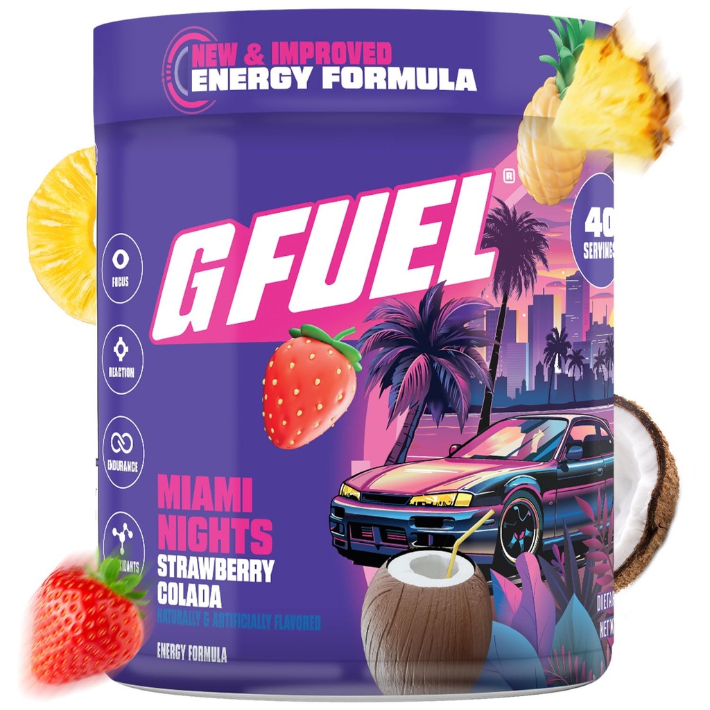 G Drivstoff Miami Nights 2.0 Energidrikk pulver, pre trening koffein blanding for spill, sukker gratis fokus Amino, vitamin + antioksidanter, 8.7oz (Strawberry Pina Colada, 40 serveringer)