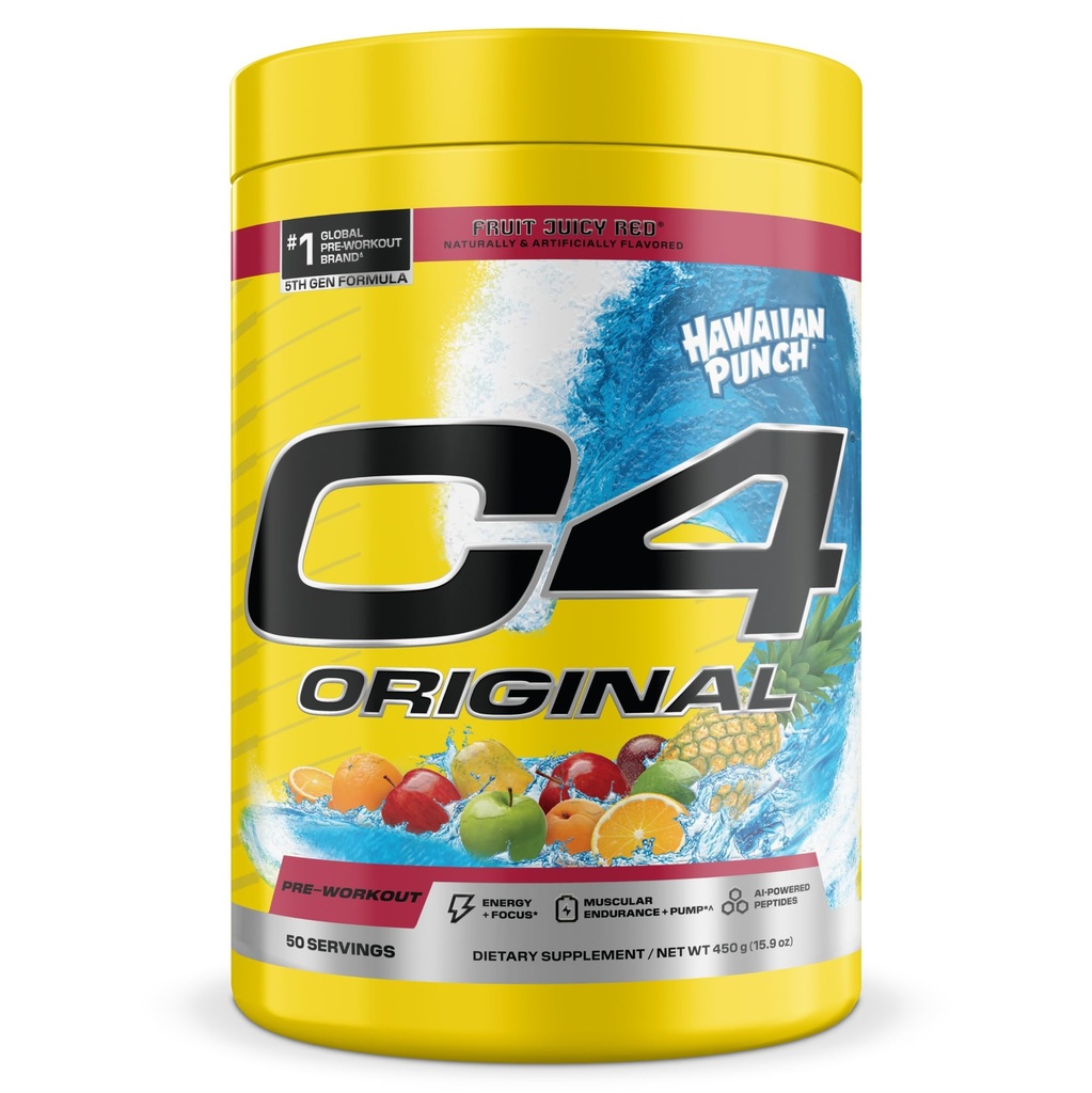 Cellucor C4 Original Pre Workout – Hawaiian Punch - Pre-Workout for utholdenhet, fokus og ytelse med 200 mg koffein, Beta-Alanin, Kreatin Nitrat, L-Arginin & PeptiPump – sukkerfri, 50 serveringer