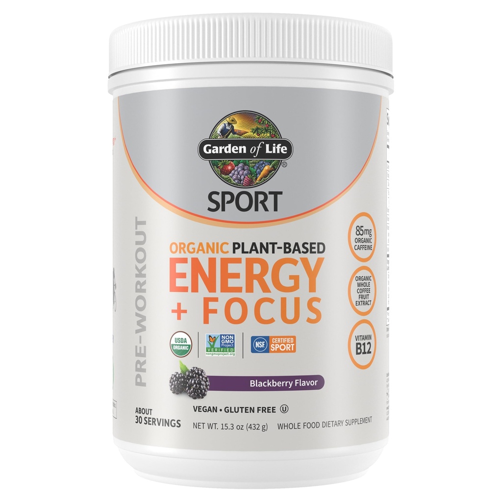 Hage of Life Sport Organic Plant Basert Energi + Focus Clean Pre Trening pulver, med 85 mg koffein, Naturlig No Booster, B12, Vegan, Glutenfri, Ikke-GMO, BlackBerry, 15,3 Oz
