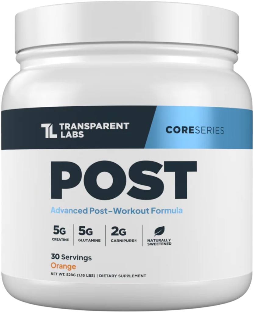 Transparent Labs Post - Post-Workout Recovery Muscle Builder w/L-Glutamine, Kreatin Monohydrat, & Carnipure L-Carnitine L-Tartrat for Muscle Recovery & Building - 30 Serveringer, Orange
