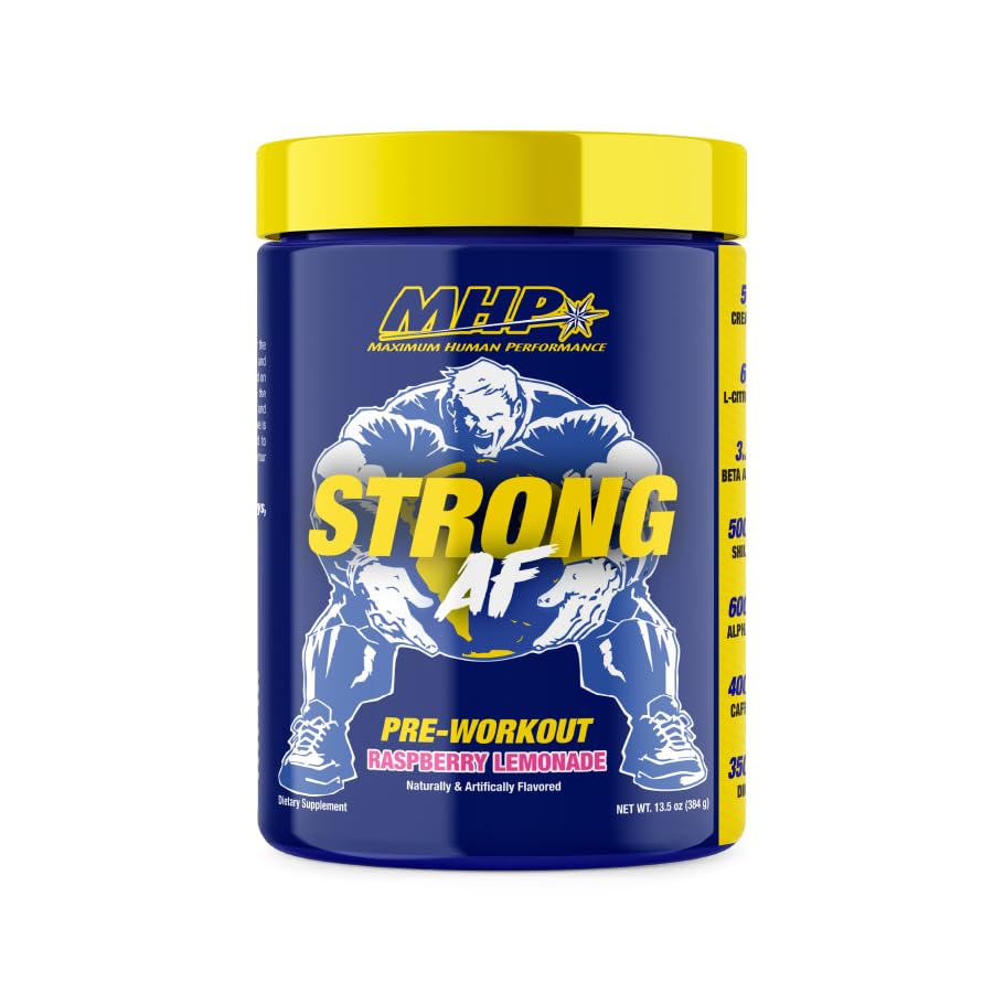 MHP sterk AF, pre-arbeid, muskelbygging, styrke, ytelse, kreatin, Shilajit, Beta Alanine, Citrullin, Alpha-GPC, bringebær lemonade, 40 serveringer