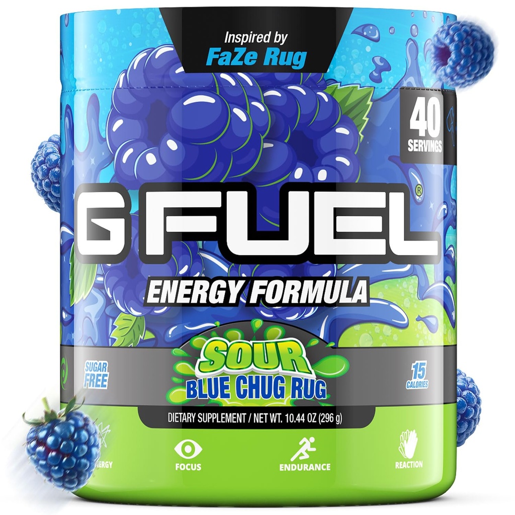 G brensel Chug Rug energi drikke pulver, pre trening kaffe blanding for spill, sukker gratis fokus Amino, vitamin + antioksidanter, 10,44oz (Sour Blue Raspberry, 40 serveringer)