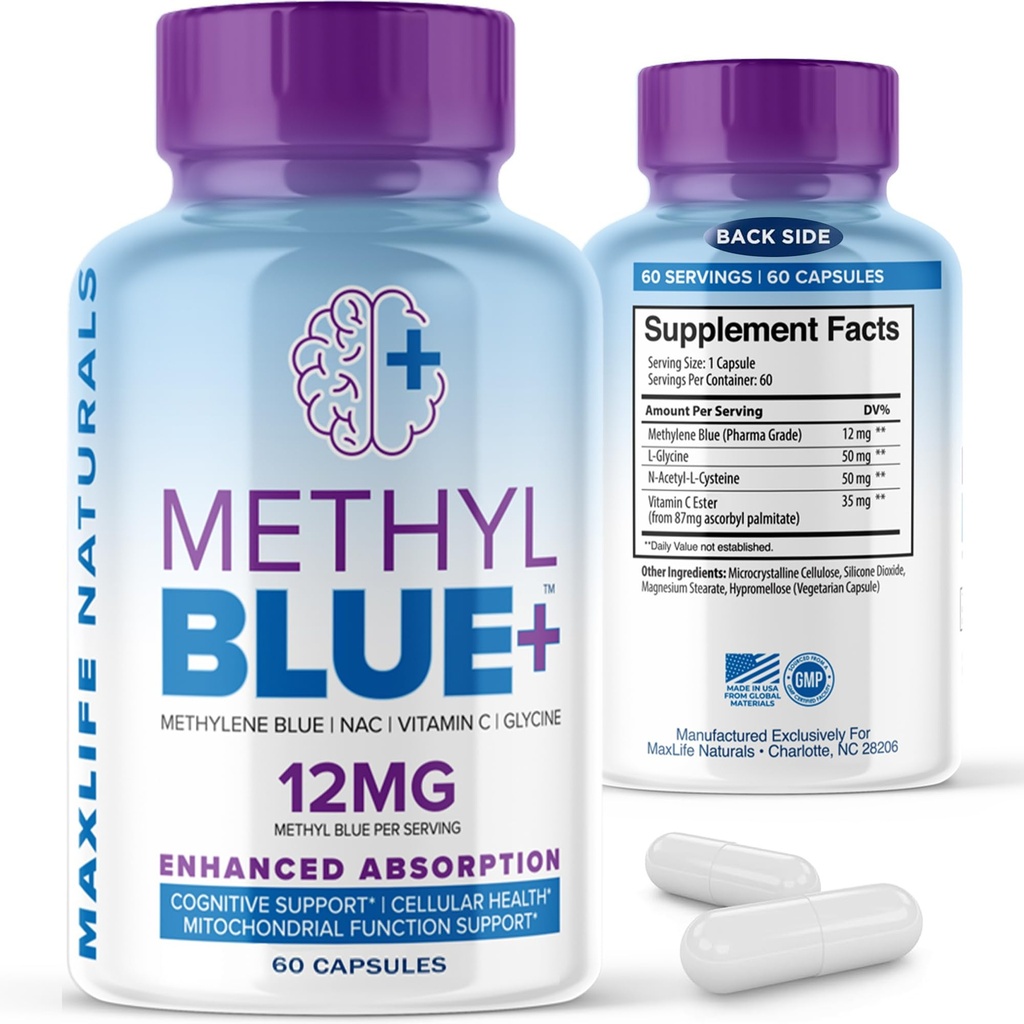 MAXLIFE NATURALS ren metylenblå kapsler, Ultimate metylen blå farmasøytisk grad 12 mg - 60 kapsler med vitamin C Ester & NAC Glycine, støtter cellular & kognitiv funksjon, laget i USA