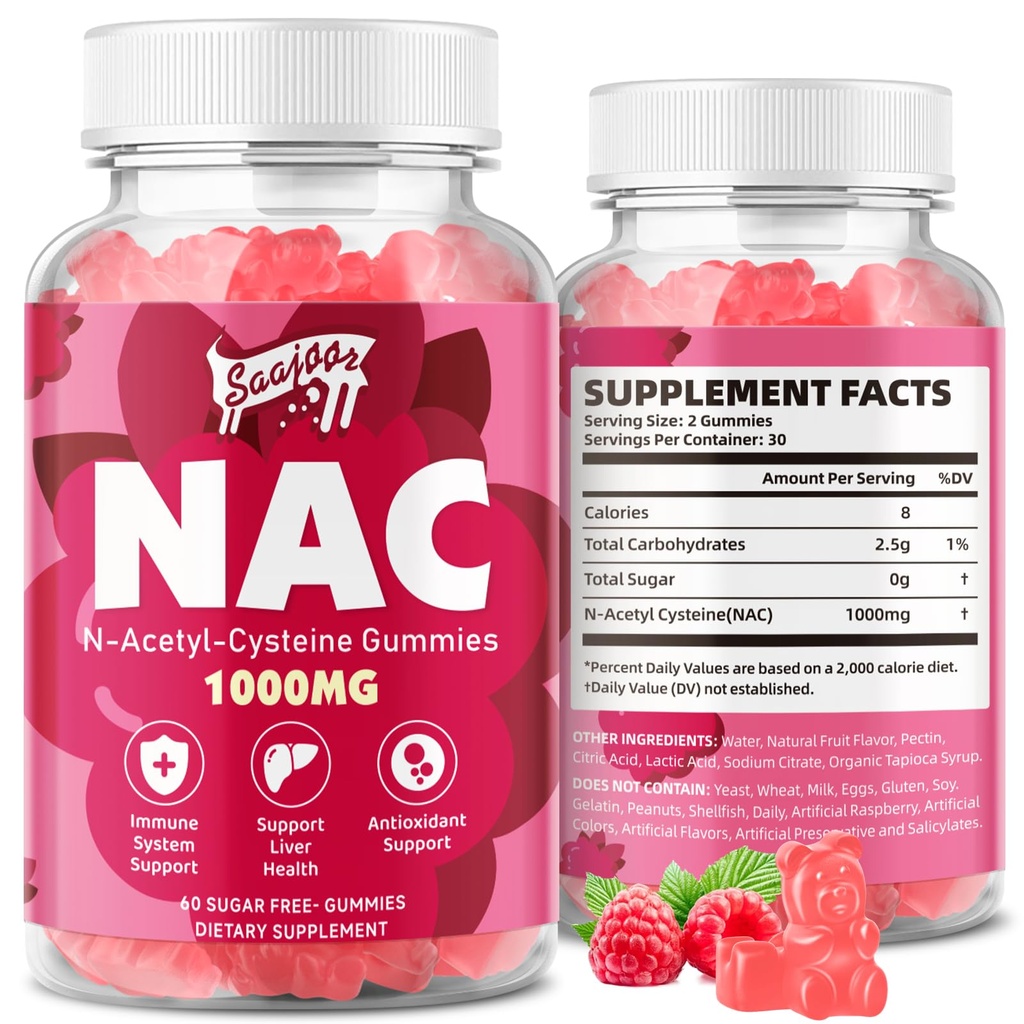 NAC Gummies Sukker-fri, N-acetyl Cysteine NAC Supplement 1000mg for antioksidanter, immun støtte, ikke-GMO, Glutenfri, Vegansk - bringebær Flavor, 60 Gummies