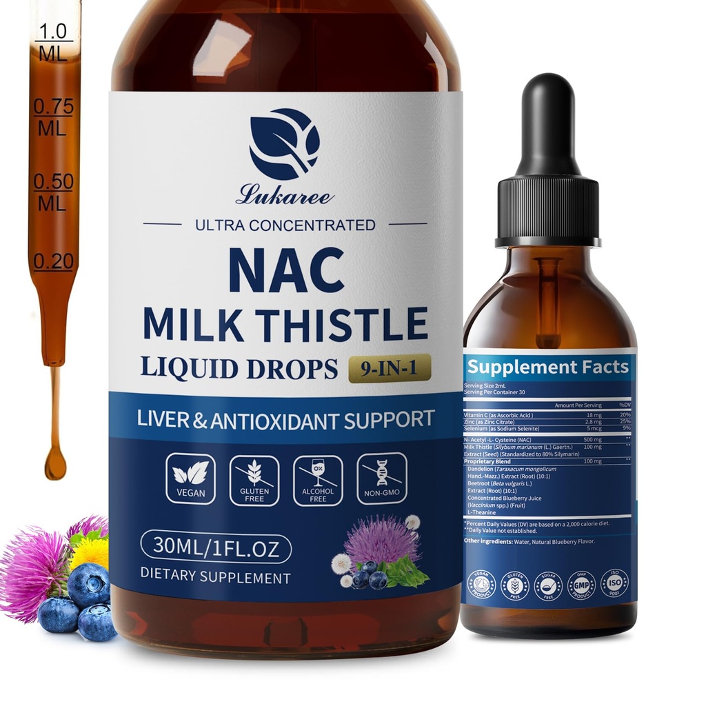 Lukaree Liposomal NAC Supplement N-Acetyl-L-Cysteine 600mg med Melke Thistle - NAC Amino Acid Drops m/Selenium for lever- og nyrestøtte*, Lung, antioksidanter og immun støtte*- Vegan, ikke-GMO-2oz