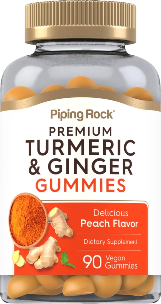 Piping Rock Turmeric og Ginger Gummies | 90 greve | Peach Flavor | Vegansk Formel | Ikke-GMO, Glutenfri Supplement